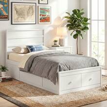 Twin Size Bed Frame W/Storage Drawers Headboard Wooden Slat&Enclosed Base - trắng - Xem 4
