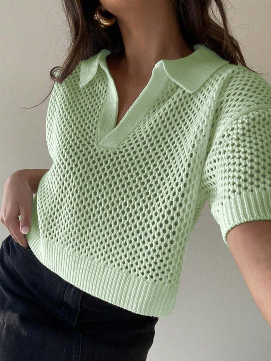 Solid Color Semi-Transparent Mesh V-Neck Collared T-Shirt, Elegant & Sexy, American Style Versatile For Commute & Date, Short Sleeve Top, Summer - Green - View 1