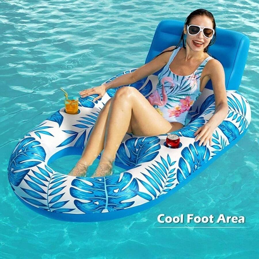 Ghế nằm thư giãn bơm hơi có giá để cốc và chỗ để chân - Kích thước lớn dành cho người lớn, ghế nổi hồ bơi có giá để cốc và chỗ để chân, thích hợp cho tiệc tùng, kỳ nghỉ, tắm nắng trên bãi biển, thư giãn trên hồ.