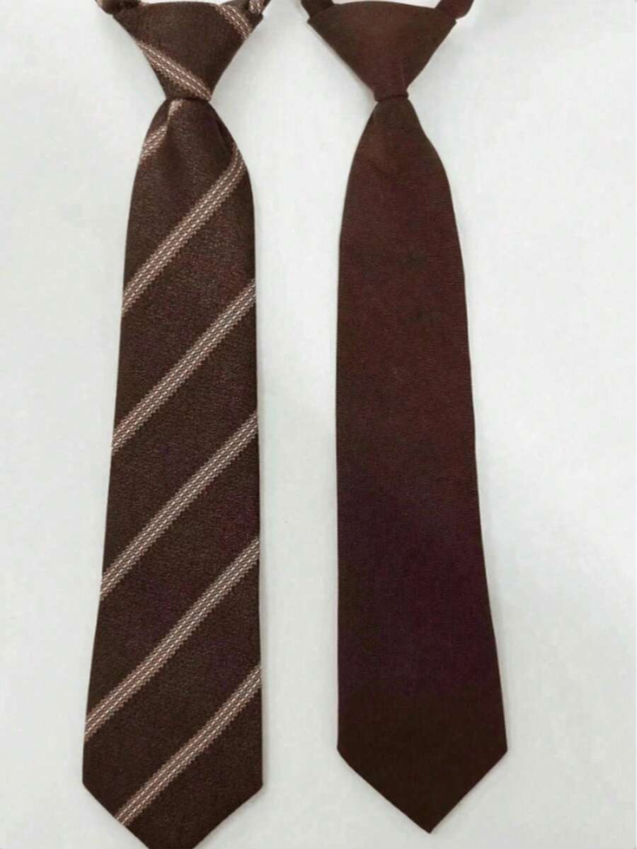 2条/套 纯色和斜条纹手工涤纶领带,男女通用,适合学生、正装、制服等多种场合。 - 棕色 - 查看 1