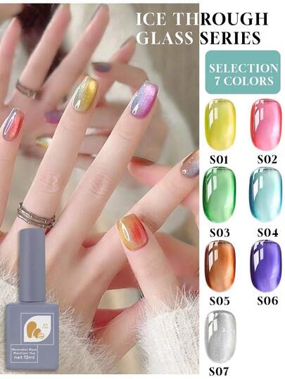 Mec 12ml Spring Summer 7 Colors Liuli Glass Cat Eye Gel Polish Set, Translucent Dopamine Candy Nail Gel With Universal Silver Magnetic Top Coat, Iridescent Gradient & Cat Eye Effect Yellow Pink Green Blue Orange Purple, UV/LED Curable Soak Off High Gloss Non-Chip For DIY & Professional Salon Use