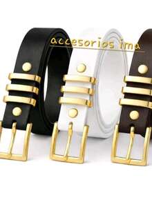 Set Of 3 Women's Belts With Square Buckle, Plus Size - negro, blanco, marrón - Ver 2