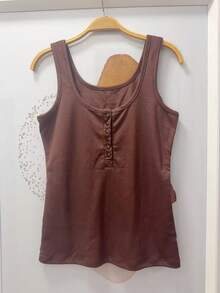 Women's Cotton Tank Top With Button Closure (Runs Slightly Small, We Recommend Ordering One Size Larger). - Brown - View 3