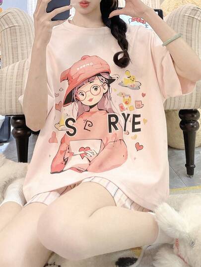 2pcs/Set Women's Cartoon Anime Pajamas, Breathable Sleepwear Short Sleeve Shorts, Summer Casual Homewear