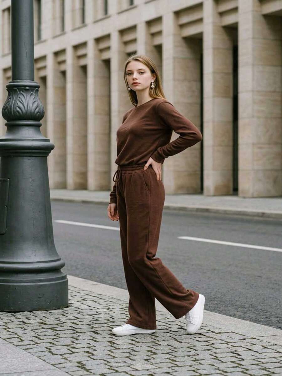 Lanzinha Women's 2-Piece Set: Blouse And Wide-Leg Pants - Rust Brown - View 1