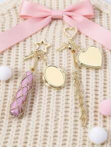 创意悬挂装饰心形星形吊坠网袋，不锈钢口红/润唇膏收纳袋，金属钥匙扣 - 金色 - 查看 5