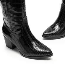 Embroidered Western Boots For Women Comfortable Chunky Heel Pull On Zipper Pointed Toe Knee High Boots Vintage Cowgirl Cowboy Ridding Vacation Boots - 黑PU - 查看 7