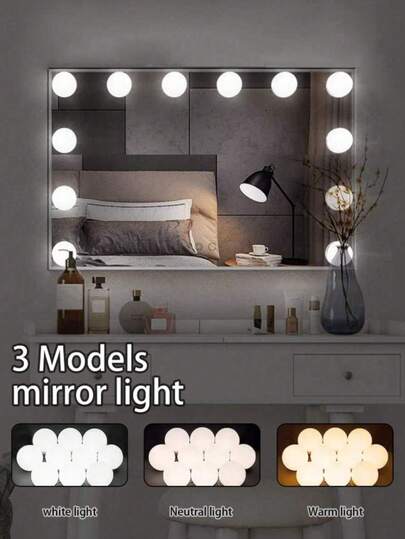 1件装，包含4/6/8/10/12/14个USB供电的化妆镜灯，3种颜色可调LED灯（白光/黄光/中性光），亮度可调，适用于梳妆镜、酒吧、更衣室、卧室、直播间和其他娱乐场所。