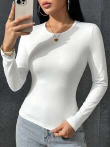 女士高弹力纯色修身圆领长袖T恤，简约风格，适合春、秋、冬季穿着，可用于夜间外出/度假/日常/办公/居家/街头/旅行/机场/早午餐等场合，休闲/简约/Y2K/优雅/性感/街头/可爱/时尚，秋冬女装，万圣节女装，圣诞节女装，教师装，外套上衣，约会装，基础款上衣，韩版白色 - 白色 - 查看 6