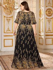 SUPGIR Plus 女士【随机裁剪】方领泡泡袖窄腰印花雪纺气质正式晚礼服 - 彩色 - 查看 2