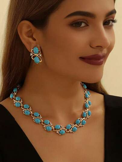 1 Set de joyería de moda minimalista para mujer, pendientes, collar y pulsera de 3 piezas con incrustaciones de turquesa vintage, adecuado para novias, bodas, fiestas, accesorios diarios, regalo para la madre