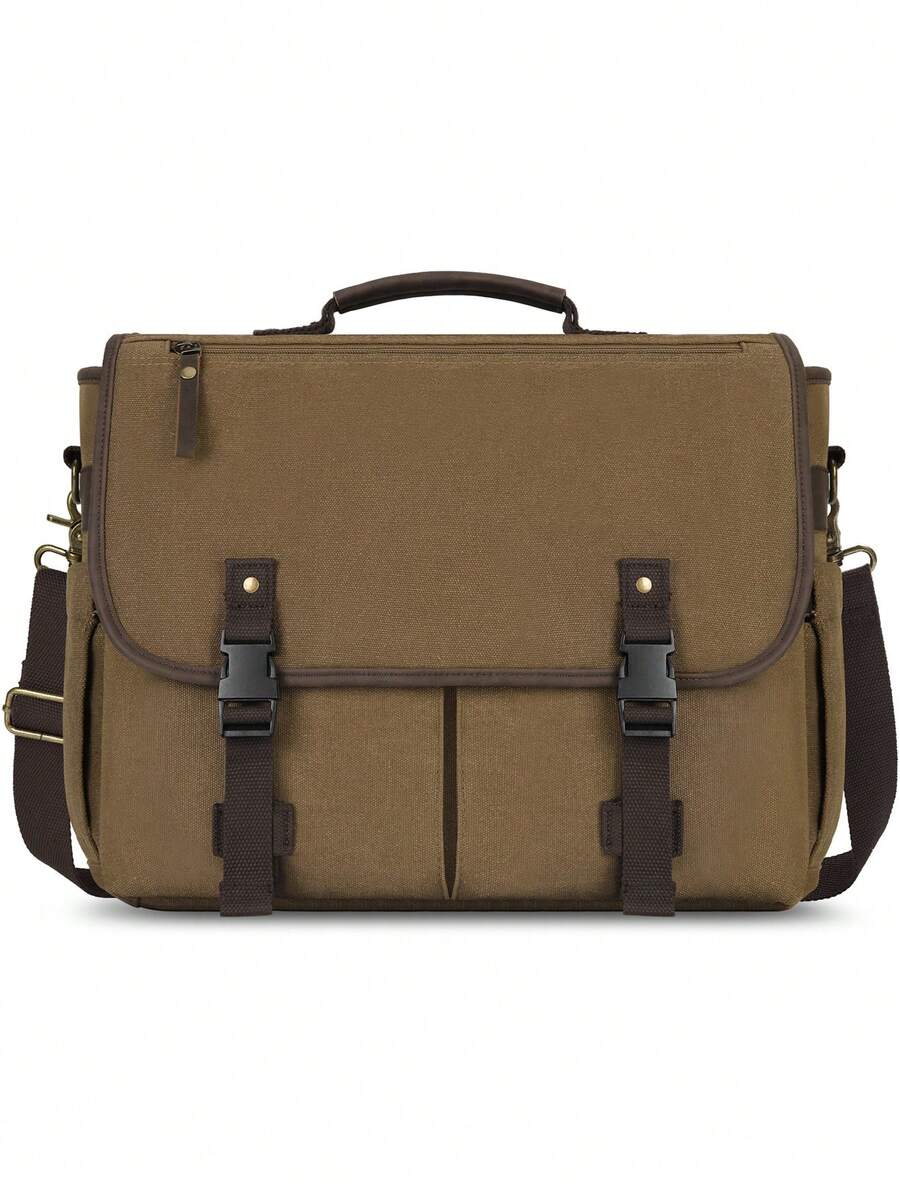 Men's Briefcase Messenger Bag, Large-Capacity Laptop Briefcase 15.6-Inch Men's Canvas Laptop Briefcase With Adjustable Shoulder Strap, Khaki - Multicolor - View 1