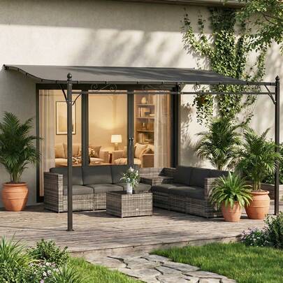 Outsunny 11.5' X 8.2' Outdoor Pergola, Wall Mounted Lean To Pergola With Metal Frame, UPF30, Garden Gazebo, Wind Resistant Sun Shade Shelter For Garden, Patio, Dark Grey