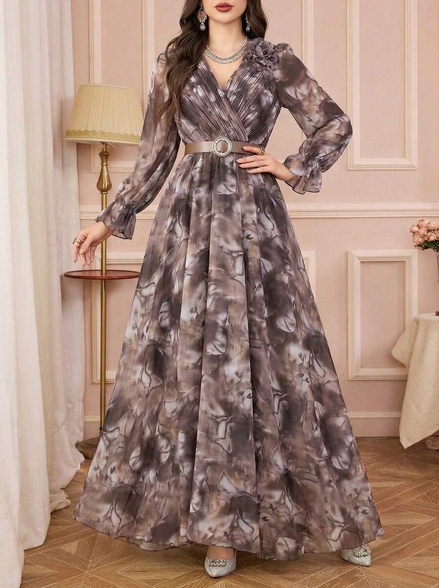 Solessence Elegantes Damen Kleid mit V-Ausschnitt, handgemachter 3D Blumen Applikation und Gürtel - Kaffeebraun - Übersicht 1