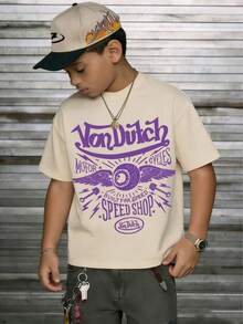 [Cotton T-Shirt] Tween Boy Cotten Clothes,Y2K-Inspired Letter Print T-Shirt - Casual Crew Neck, Short Sleeve, Machine Washable - Perfect For Spring/Summer/Fall,Fashion, Streetwear, Unisex, Men, Women - 杏色 - 查看 1