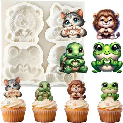 Khuôn silicon trang trí bánh hình rùa và bò, khuôn silicon hình sư tử và mèo để làm fondant sô cô la, khuôn silicon làm bánh tiện dụng trong nhà bếp, thích hợp để làm kẹo trang trí bánh cupcake, bánh quy, pudding thạch, móc khóa nhựa DIY, trang sức, đồ trang trí bàn bằng đất sét.