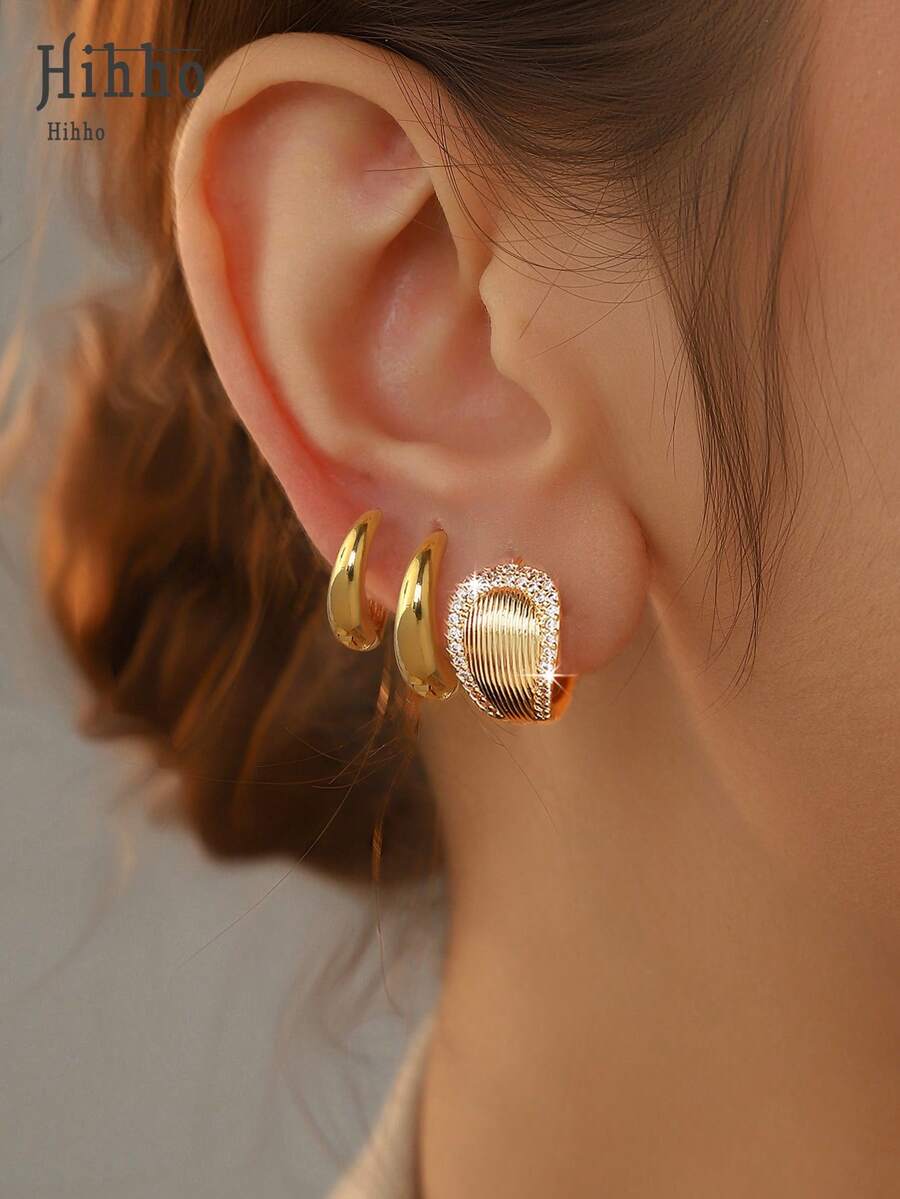 Hihho 6pcs Set Of Luxury Minimalist Hoop Earrings, Including Ombre Rhinestone, Plain, Heavy Rhinestone, And Striped Styles, Multiple Sizes Available, Clip-On Design For Easy Wear, Shining Gift For Girlfriend Or Best Friend - Gold - View 1
