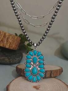 1pc Western Cowgirl Style Layered Necklace, Alloy Inlaid Turquoise Pendant, Suitable For Daily Wear And Parties - Turquoise Necklace - View 9
