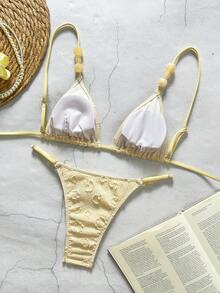 Bikinx Casual Cute Women's Bikini Set With Textured High Stretch Fabric Beaded Spaghetti Strap And High Cut Bottom Tie Back Details - Yellow - View 5