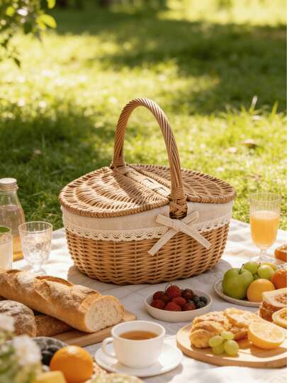 1个手工野餐篮，天然柳条编织，水果收纳篮，乡村风格柳条野餐篮，带盖、提手和内衬，适用于野餐、聚会和烧烤，篮子，编织篮，柳条篮，礼品篮，柳条篮，野餐篮，带提手的篮子