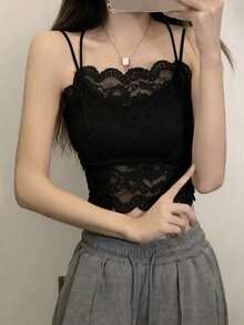 女士蕾丝边性感百搭纯色修身吊带背心，夏季日常休闲黑色 - 黑色 - 查看 3