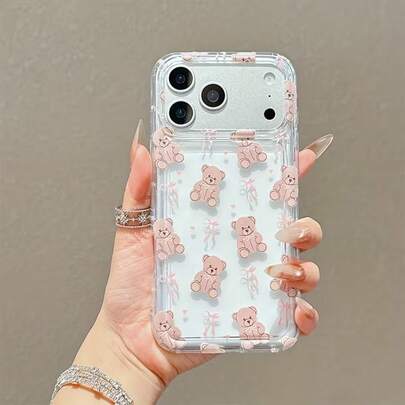 可愛らしいガールズテディベアリボン付き透明オールインワンスマホケース、Apple 17promax/16pro、15/14/13/12/11promax シリーズ対応、軽量でファッショナブル、衝撃吸収・耐落下ソフトシェル