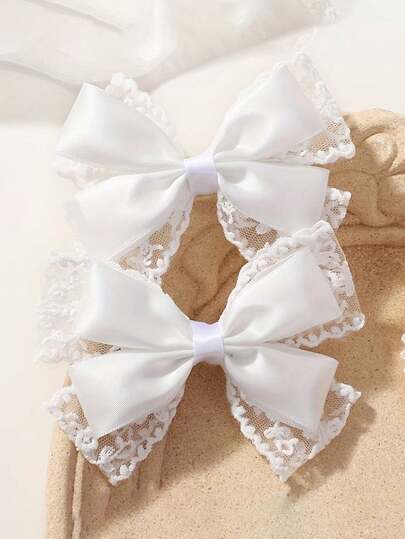 2Pcs Cute Hair Bows For Girls White Bow Hair Clips Elegent Hair Ribbon Lace Hair Accessories For Gift Birthday Party
