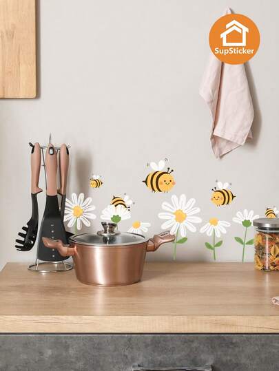 9.31*12.8inch, 2pcs/Set, Cartoon Cute Bee, Butterfly, Floral Pattern Wall Stickers, Self-Adhesive Removable Decals For Room, Kitchen, Bathroom Decoration, DIY Creative Lively Atmosphere