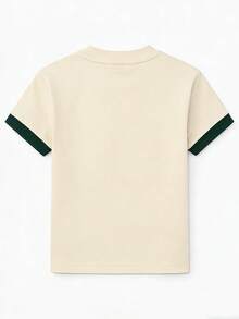 Boys Minimalist Contrast Cuff Cream Loose Basic Casual Summer Short Sleeve Tee - Apricot - View 4