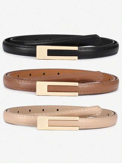 3pcs/Set Women's Slim Fit PU Leather Belt, Solid Color Fashion Waist Belt With Letter Buckle, Suitable For Jeans