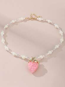 Collar con colgante de fresa de colores, diseño de cuentas de perlas y cristal, joyería exquisita para niñas, regalo de fiesta - Multicolor - Ver 4