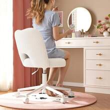Vanity Chair With Wheels Armless, White Vanity Chair With Back,Ultra-Plush Fleece Cute Desk Chair, Small Office Chair Height Adjustable,For Make-Up Room,Bedroom - 白色 - 查看 4