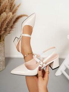 女士方头粗跟凉鞋，皮革鞋面套脚休闲高跟鞋 - 米色 - 查看 8