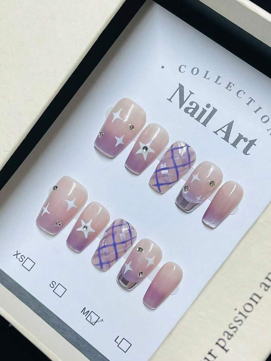 1package/10pcs-Lavender Dream Starry Press On Nails | Purple Ombre Plaid Coffin Fake Nails With Rhinestone Accents - Purple - View 1