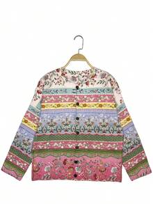 Fashionable New Floral Printed Round Neck Long Sleeve Cardigan For Women, Versatile Digital Print Lightweight Sweater Top, Autumn/Winter Vacation - 彩色 - 查看 2
