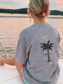 Women's Minimalist Coconut Tree Slogan Print Casual Round Neck Short Sleeve T-Shirt, Simple & Versatile, Suitable For Daily & Holiday Wear.Graphic Tee, Women, White, Black, Pink Summer VacationCasual Daily Wear, Pefert For Summer Vacation Outfits - 灰色 - 查看 8