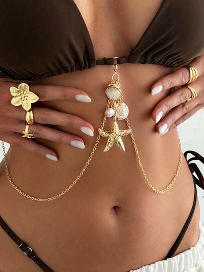 1 pieza Collar con colgante de perla barroca irregular de varias capas, cadena de bikini sexy, cadena multifuncional para el pecho/Body, joyería casual de Body para vacaciones de mujer