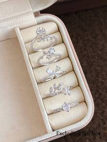 5pcs Fashionable Luxury Delicate Flower, Leaf, Butterfly Cubic Zirconia Adjustable Rings Set, Suitable For Casual, Party, Holiday Wear (No Gift Box) - Silver - View 3