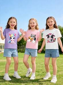 3入組少女可愛動物印花夏季休閒短袖T恤 - 彩色 - 查看 1