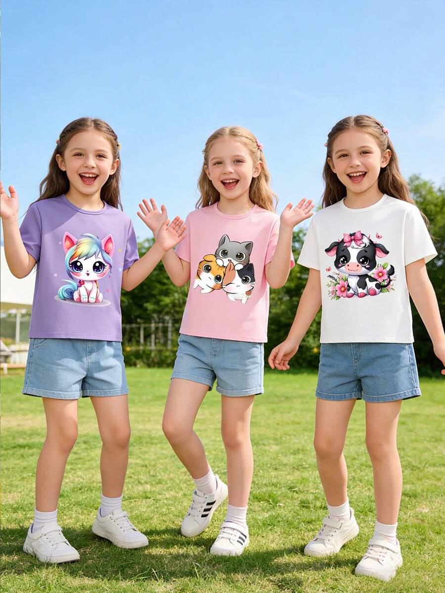 3入組少女可愛動物印花夏季休閒短袖T恤 - 彩色 - 查看 1