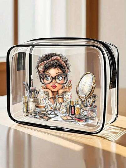 女士印花PVC化妆包，PVC旅行收纳包，拉链封口 - 轻便耐用，防水化妆洗漱包，适合女性和女孩，便携式化妆盒，易于擦拭清洁，是送给母亲、老师、朋友、护士的绝佳礼物，也是上学和旅行的必备品。