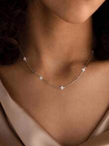 1 件水钻四叶草链项链，简约锆石幸运四叶草 O 形锁骨链项链，优雅百搭的配饰，适合女性和女孩 - 金色 - 查看 11