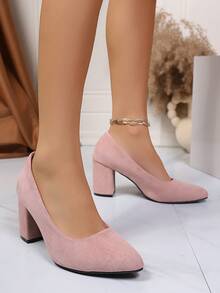 女士尖头粗跟套脚高跟鞋，百搭专业通勤鞋，粉色绒面革，工作鞋 - 粉色 - 查看 6