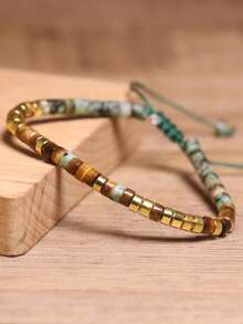 gxtbw 摩尔斯电码绿松石串珠手链 天然宝石 励志可调节男女通用波西米亚极简主义疗愈瑜伽冥想饰品 - 手鍊 - 查看 6