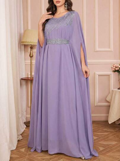 Solessence 女士纯色亮片装饰腰带长袍，圆领优雅连衣裙