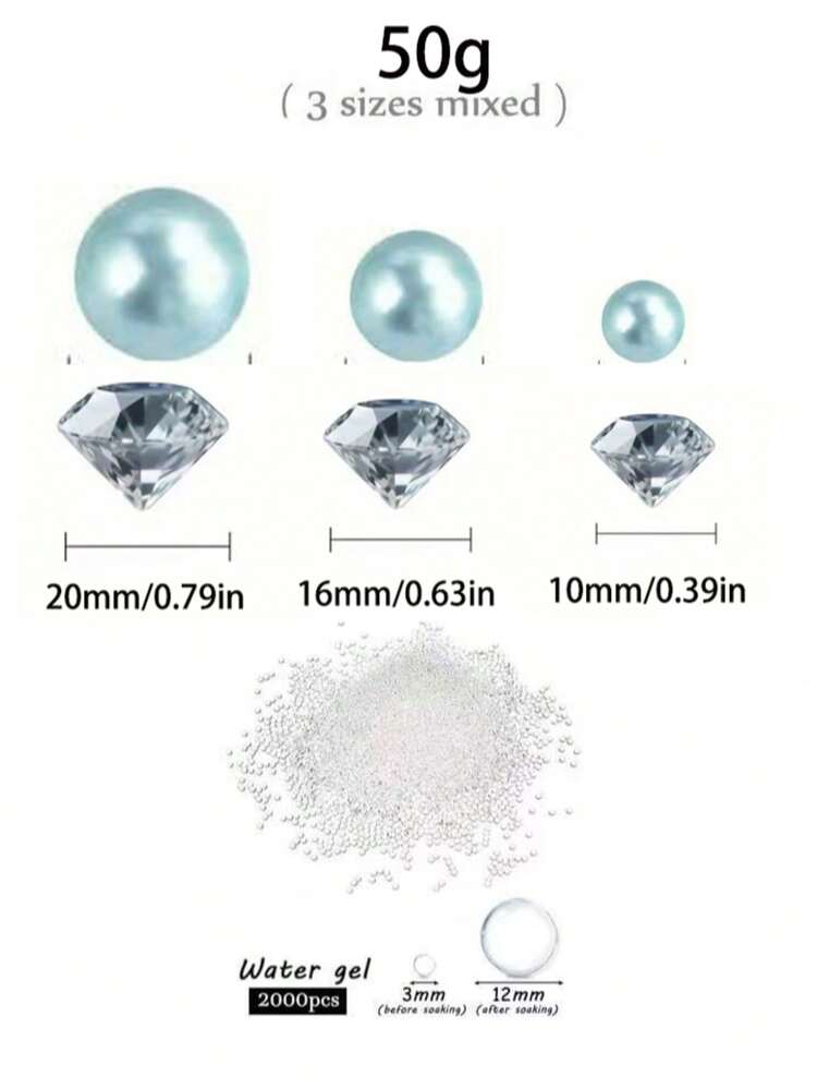 200g Ngọc trai nhân tạo nổi không lỗ, nhiều kích cỡ 10mm/16mm/20mm, dùng để trang trí bình hoa, trang trí đám cưới, trang trí nến nổi, trang trí bàn tiệc, thích hợp cho việc tự làm đồ trang trí đám cưới, sinh nhật, tiệc theo chủ đề, ngày Valentine, Halloween, Giáng sinh (Bao gồm hạt nước) - Xanh da trời + kim cương - Xem 6