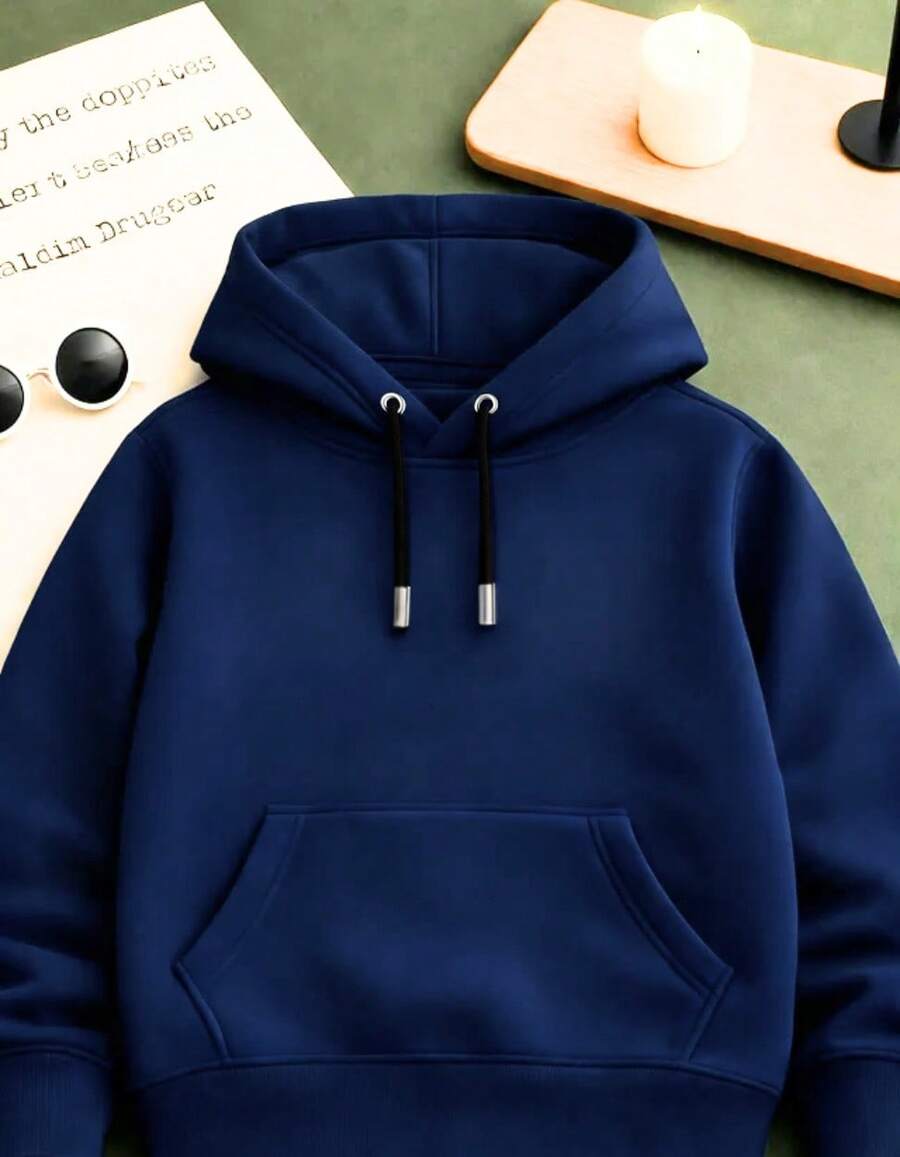Children's Unisex Plain Kangaroo Hoodie 100% Premium Cotton - Navy Blue - View 1