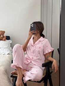 Dreamivo 情人节荷叶边条纹蝴蝶结睡衣套装，短袖上衣和长裤，轻薄睡衣 - 粉色 - 查看 4