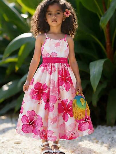 This Is An Elegant And Graceful Young Girls' Dress, With An Overall Design Full Of Summer Vibes. It Features A White Base With Pink Floral Print Patterns, With The Main Colors Being Pink And White, Creating A Sweet And Atmosphere. The Print Is Clear, With Vibrant Colors And Strong Three-Dimensional Effects. The Overall Style Is Elegant And Generous, With Both The Liveliness And Cuteness Of A Little Girl, As Well As A Touch Of Young Lady's Elegant. It Is Very Suitable For Daily Wear, Parties Or Vacations, And Can Showcase The Innocent And Graceful Qualities Of A Little Girl.