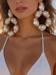 一对独特的复古不对称巴洛克风格仿珍珠耳环，奢华金属镶边耳环，适合女性佩戴，可用于派对、约会、晚宴、拍照等场合 - 金黃色+白色 - 查看 5